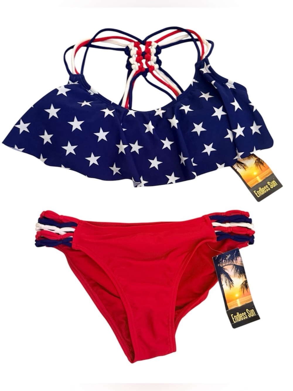 Star Print Ruffle Bikini Set in Navy & Red. 
Size XS